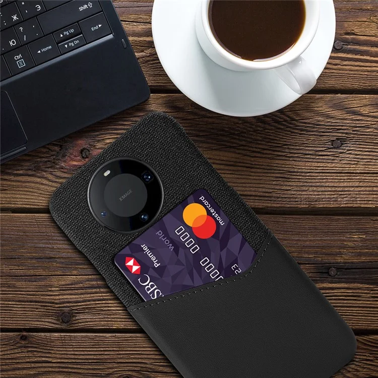 For Huawei Mate 60 Pro+ Card Holder Back Cover Cloth+PC+PU Leather Phone Case - Black