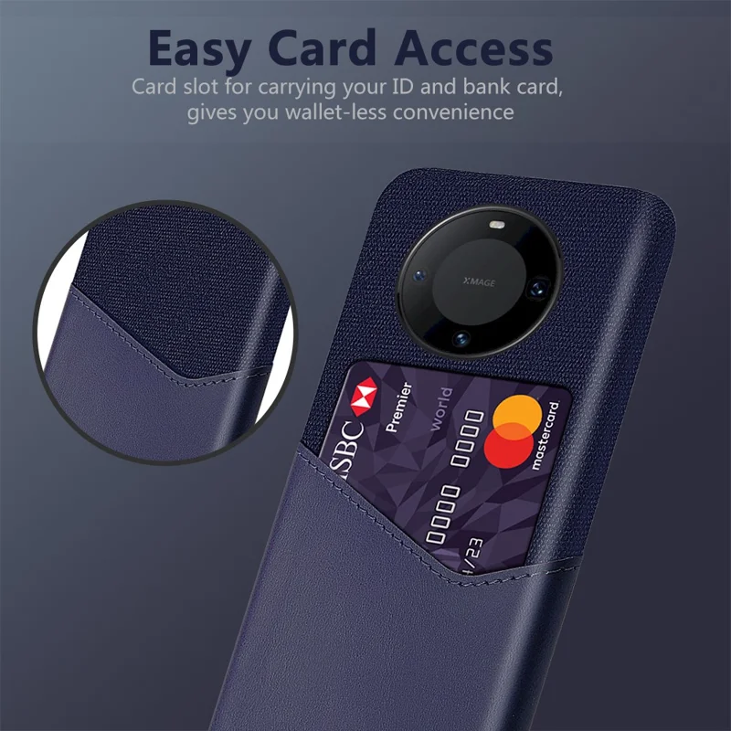For Huawei Mate 60 Pro+ Card Holder Back Cover Cloth+PC+PU Leather Phone Case - Blue