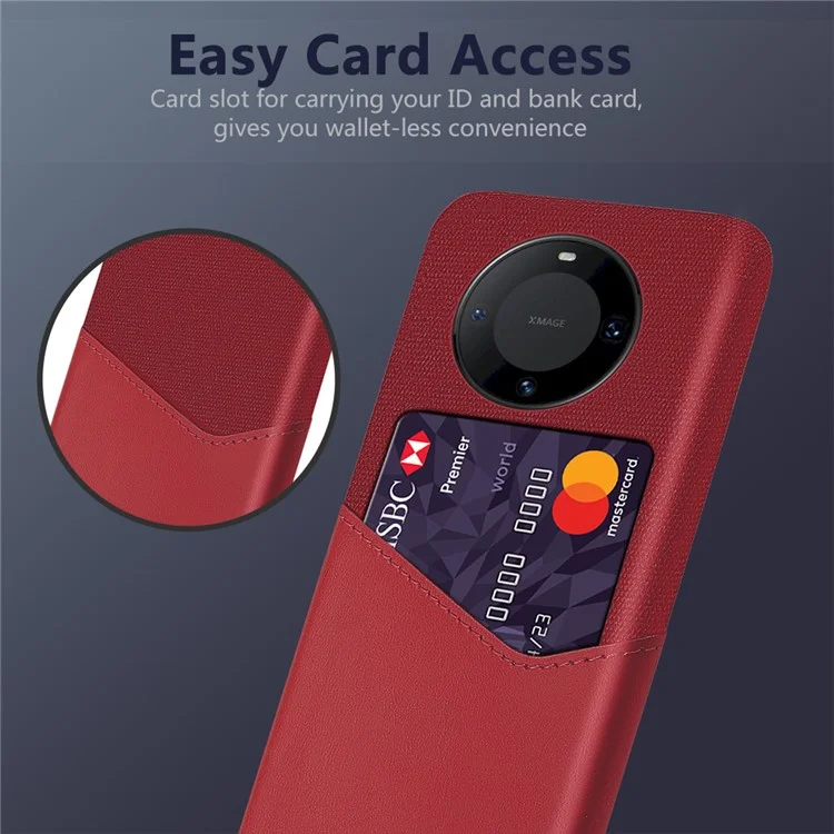 For Huawei Mate 60 Pro+ Card Holder Back Cover Cloth+PC+PU Leather Phone Case - Red