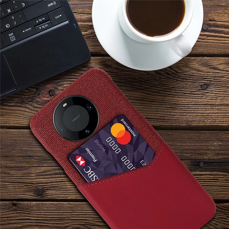 For Huawei Mate 60 Pro+ Card Holder Back Cover Cloth+PC+PU Leather Phone Case - Red