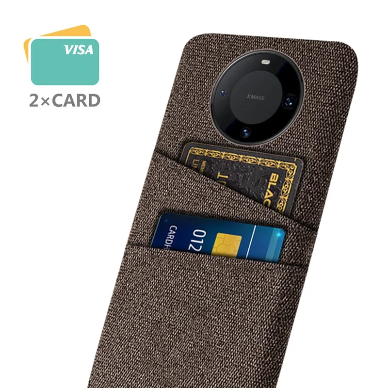 Dual Card Holder Slim Cover for Huawei Mate 60 , Hard PC+Cloth Phone Case Shell - Brown