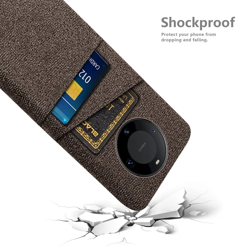 Dual Card Holder Slim Cover for Huawei Mate 60 , Hard PC+Cloth Phone Case Shell - Brown