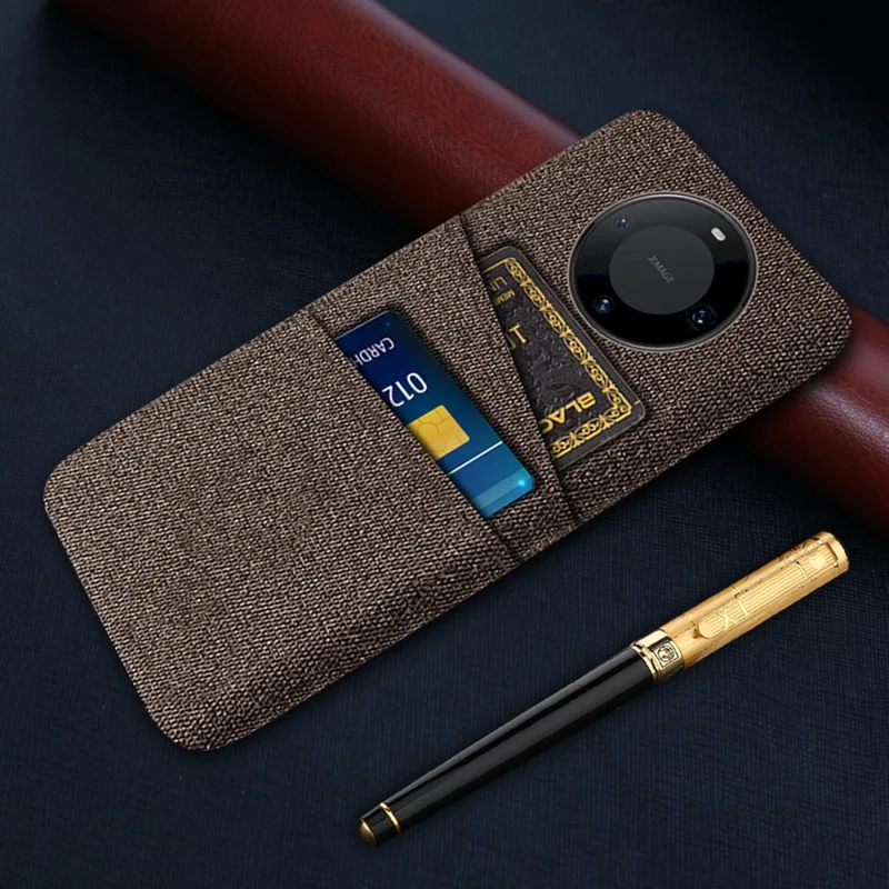 Dual Card Holder Slim Cover for Huawei Mate 60 , Hard PC+Cloth Phone Case Shell - Brown