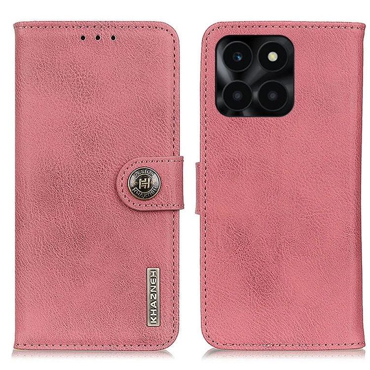 KHAZNEH Anti-drop Phone Cover for Honor X6a 4G Cowhide Texture PU Leather Stand Wallet Case - Pink