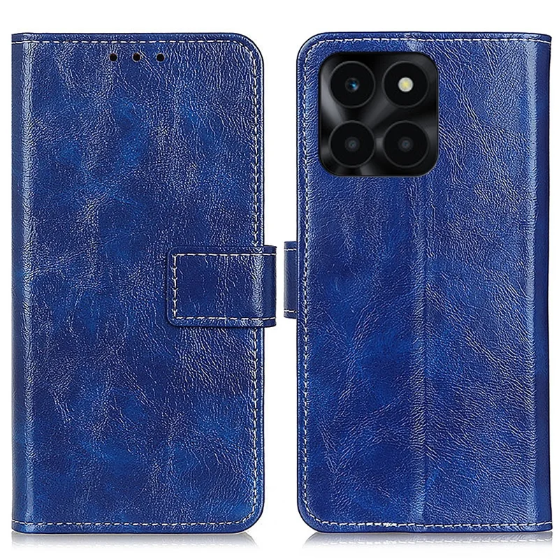 For Honor X6a 4G PU Leather Wallet Stand Shell Retro Crazy Horse Texture Phone Cover - Blue