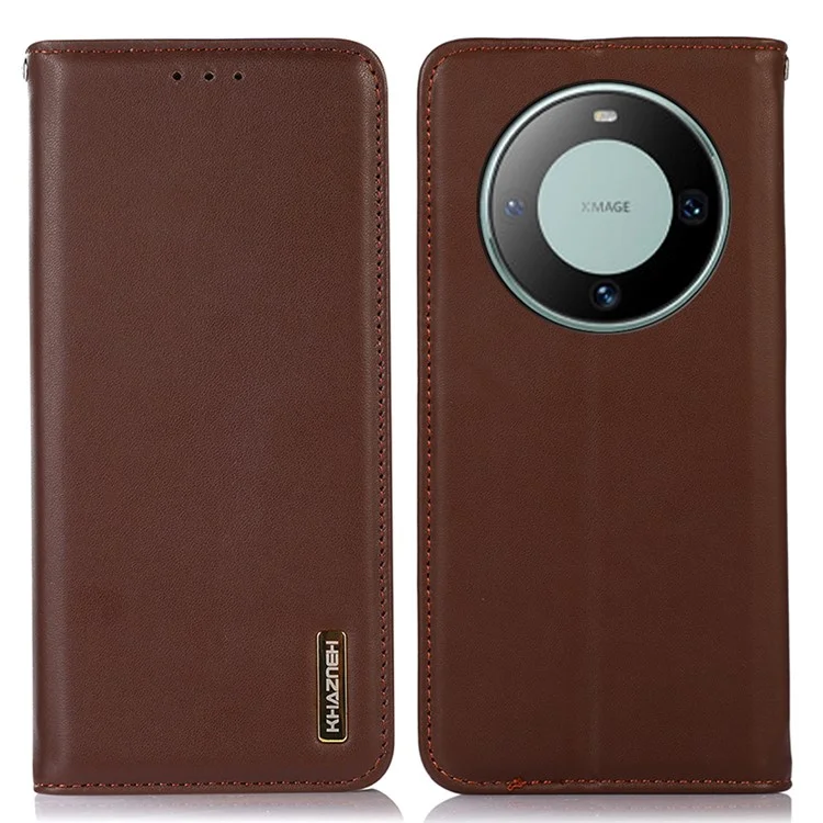 KHAZNEH для Huawei Mate 60 Genuine Cow Leather Phone Case RFID Blocking Wallet Stand Cover - Brown