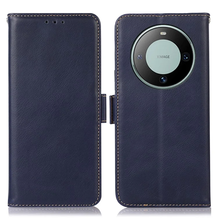 Para Huawei Mate 60 Genuine Cow Leather Phone Case RFID Blocking Wallet Folding Stand Cover - Azul