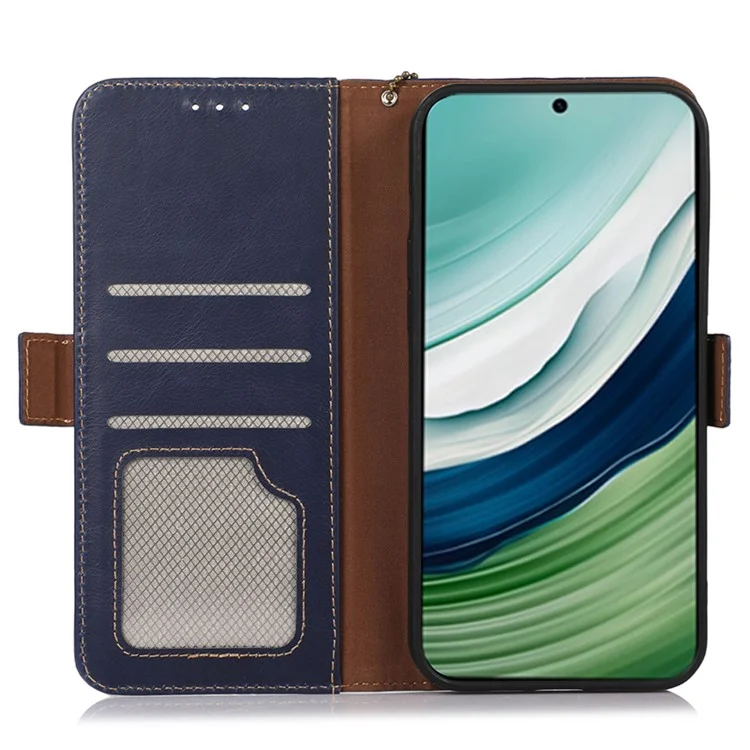 Para Huawei Mate 60 Genuine Cow Leather Phone Case RFID Blocking Wallet Folding Stand Cover - Azul