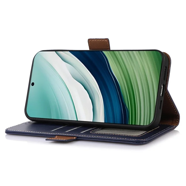 Para Huawei Mate 60 Genuine Cow Leather Phone Case RFID Blocking Wallet Folding Stand Cover - Azul
