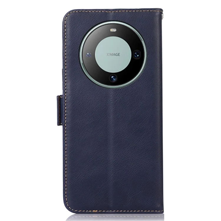 Para Huawei Mate 60 Genuine Cow Leather Phone Case RFID Blocking Wallet Folding Stand Cover - Azul