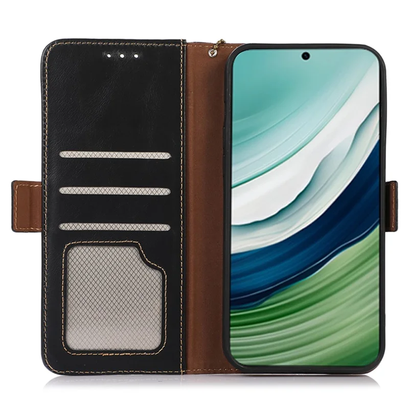 Para el caso del teléfono Huawei Mate 60 Genuine Cow Leather, cartera plegable con bloqueo RFID - Negro
