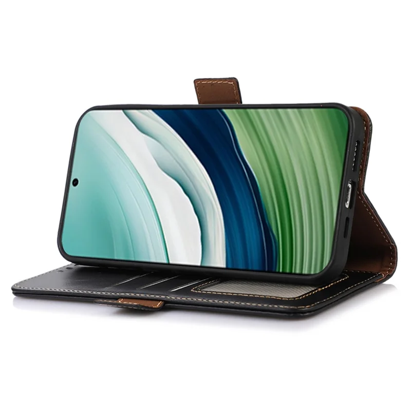 Para el caso del teléfono Huawei Mate 60 Genuine Cow Leather, cartera plegable con bloqueo RFID - Negro