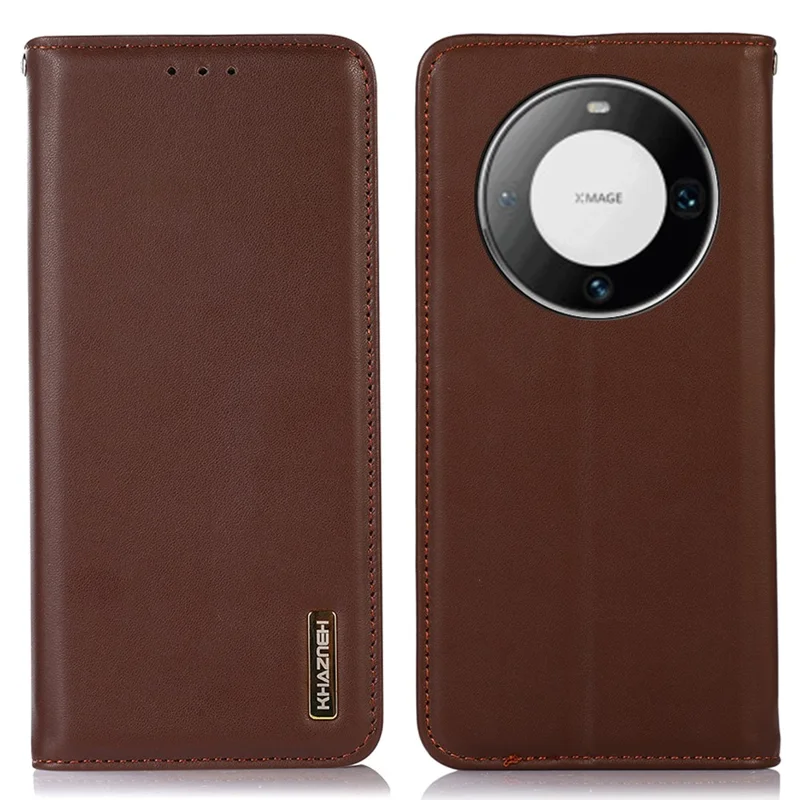 KHAZNEH для Huawei Mate 60 Pro Nappa Texture RFID Blocking Wallet Cover Genuine Cowhide Leather Stand Case - Коричневый