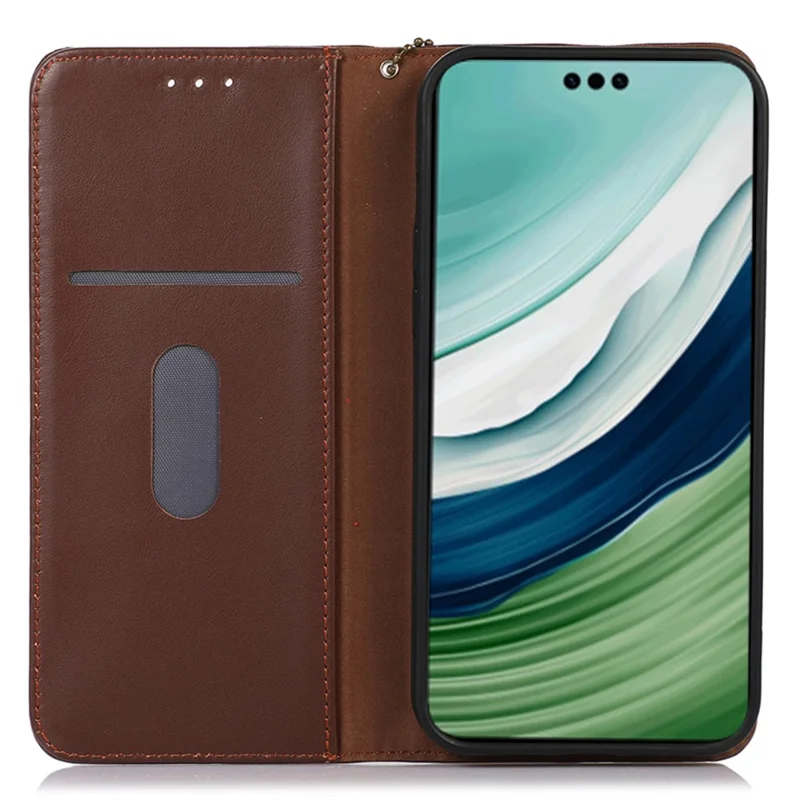 KHAZNEH для Huawei Mate 60 Pro Nappa Texture RFID Blocking Wallet Cover Genuine Cowhide Leather Stand Case - Коричневый