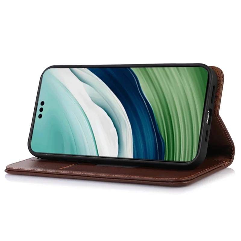 KHAZNEH для Huawei Mate 60 Pro Nappa Texture RFID Blocking Wallet Cover Genuine Cowhide Leather Stand Case - Коричневый