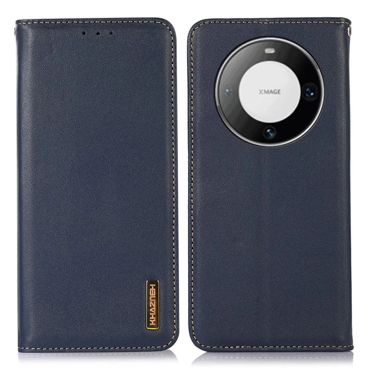 KHAZNEH Для Huawei Mate 60 Pro Nappa Texture RFID Blocking Wallet Cover Genuine Cowhide Leather Stand Case - Blue