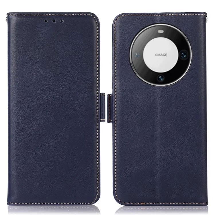 Per Huawei Mate 60 Pro Genuine Cow Leather RFID Blocking Wallet Phone Case Anti-drop Stand Cover - Blue