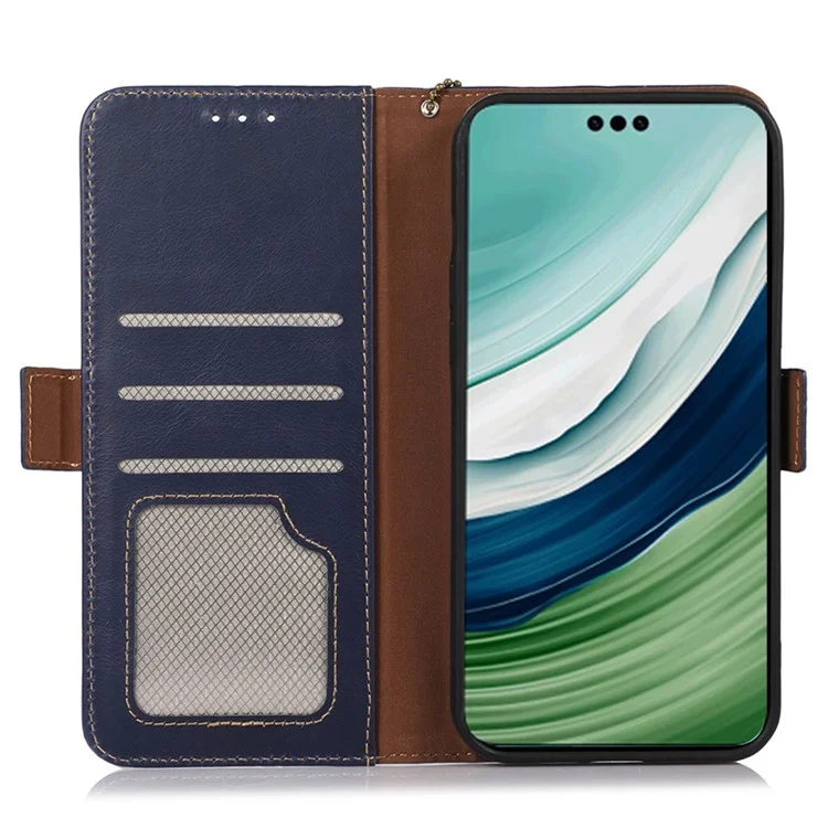 Per Huawei Mate 60 Pro Genuine Cow Leather RFID Blocking Wallet Phone Case Anti-drop Stand Cover - Blue