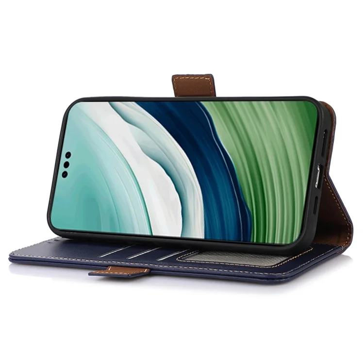 Per Huawei Mate 60 Pro Genuine Cow Leather RFID Blocking Wallet Phone Case Anti-drop Stand Cover - Blue