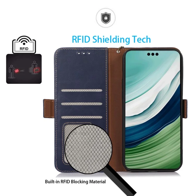 Per Huawei Mate 60 Pro Genuine Cow Leather RFID Blocking Wallet Phone Case Anti-drop Stand Cover - Blue
