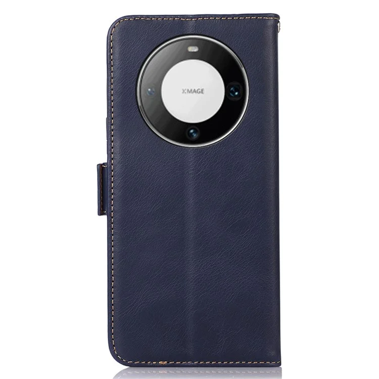 Per Huawei Mate 60 Pro Genuine Cow Leather RFID Blocking Wallet Phone Case Anti-drop Stand Cover - Blue