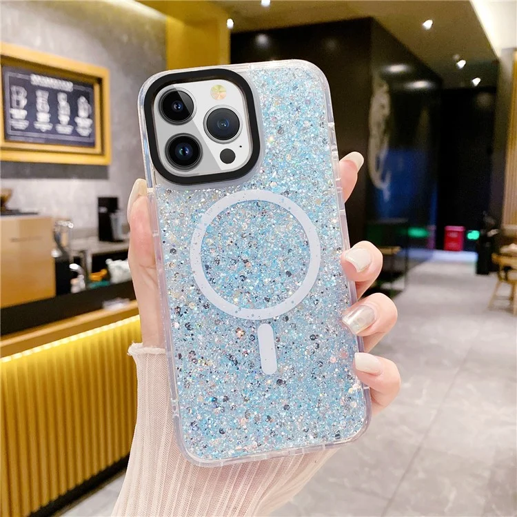 For iPhone 15 Pro Sparkly Glitter TPU + Acrylic Phone Case Protective Shell Cover Compatible with MagSafe - Blue