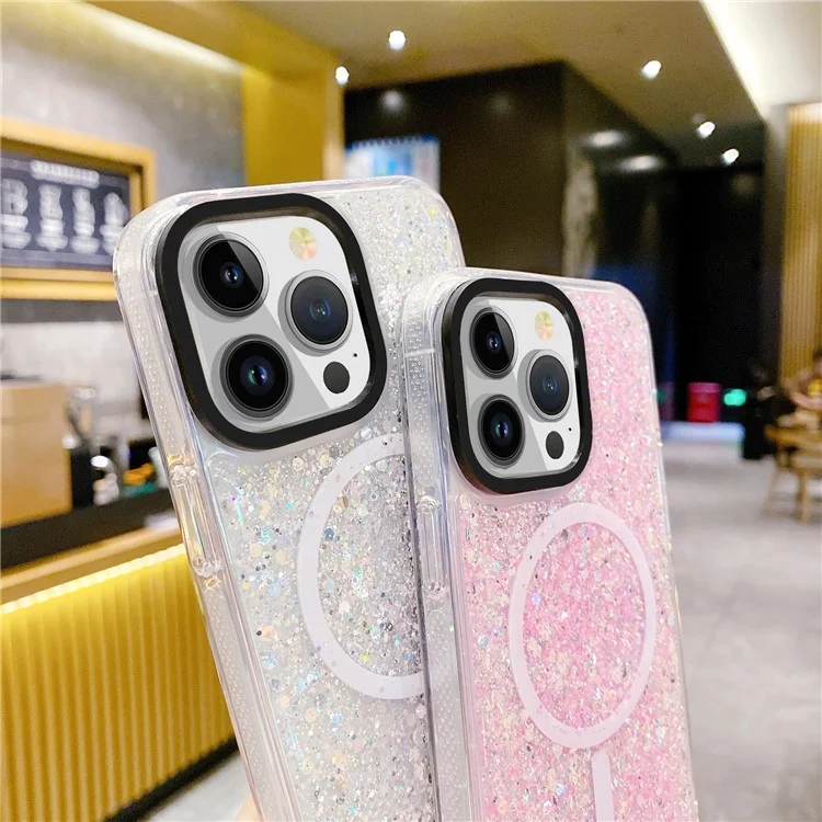 For iPhone 15 Pro Sparkly Glitter TPU + Acrylic Phone Case Protective Shell Cover Compatible with MagSafe - Blue