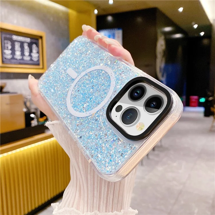 For iPhone 15 Pro Sparkly Glitter TPU + Acrylic Phone Case Protective Shell Cover Compatible with MagSafe - Blue