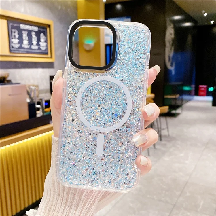 For iPhone 15 Pro Sparkly Glitter TPU + Acrylic Phone Case Protective Shell Cover Compatible with MagSafe - Blue