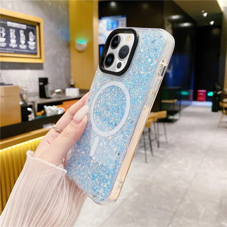 For iPhone 15 Pro Sparkly Glitter TPU + Acrylic Phone Case Protective Shell Cover Compatible with MagSafe - Blue