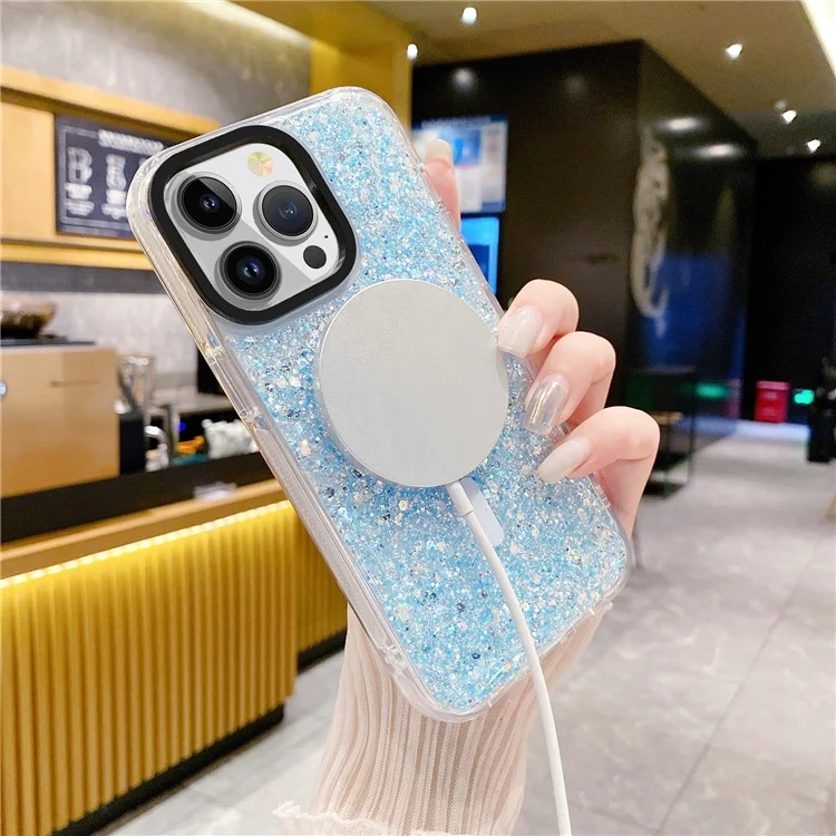 For iPhone 15 Pro Sparkly Glitter TPU + Acrylic Phone Case Protective Shell Cover Compatible with MagSafe - Blue