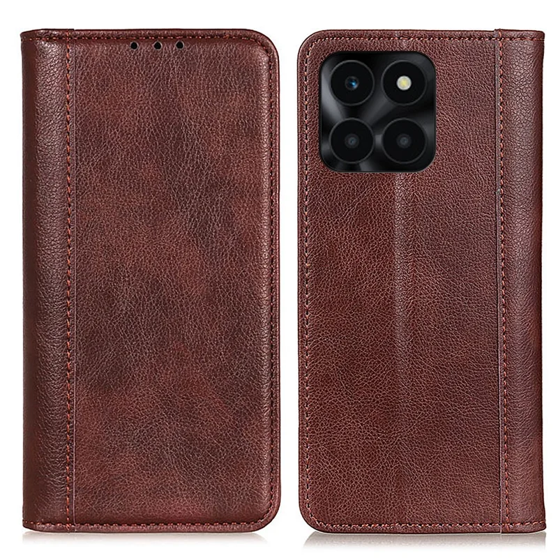 For Honor X6a 4G Anti-Scratch Split Leather Cover Litchi Texture Phone Case Wallet Stand Protection Shell - Brown