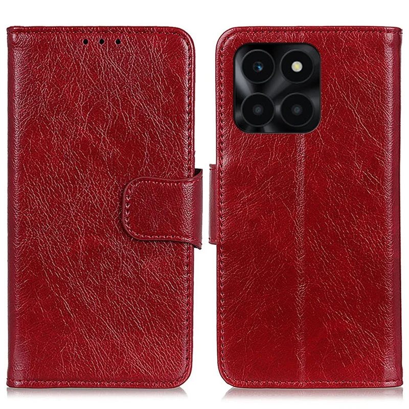 For Honor X6a 4G Split Leather Nappa Texture Stand Wallet Case Drop Protection Phone Cover - Red