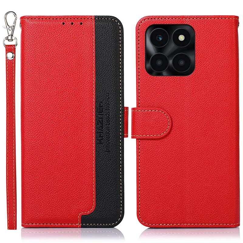 KHAZNEH For Honor X6a 4G RFID Blocking Wallet Case Litchi Texture PU Leather Phone Cover - Red