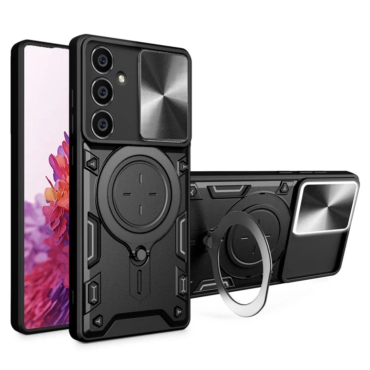 Für Samsung Galaxy S23 FE Slide Lens Guard Kickstand Cover PC+TPU stoßfeste Handyhülle - Schwarz