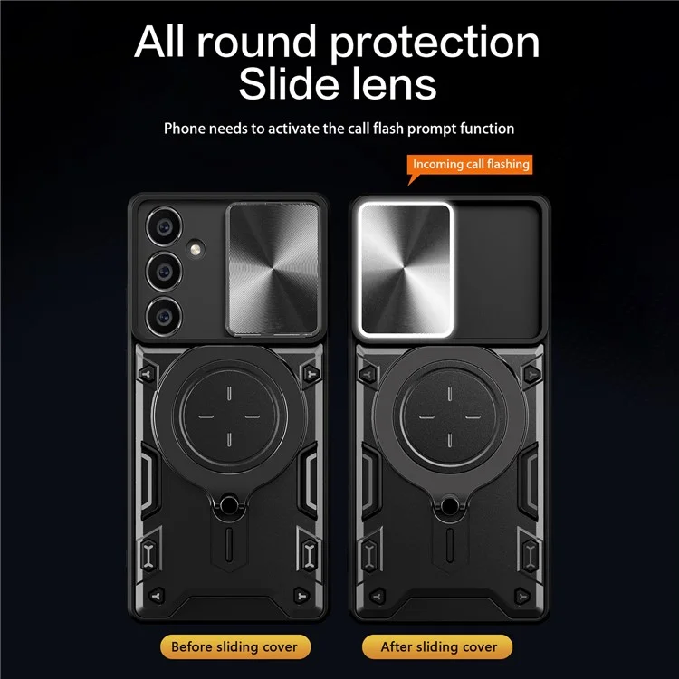 Für Samsung Galaxy S23 FE Slide Lens Guard Kickstand Cover PC+TPU stoßfeste Handyhülle - Schwarz