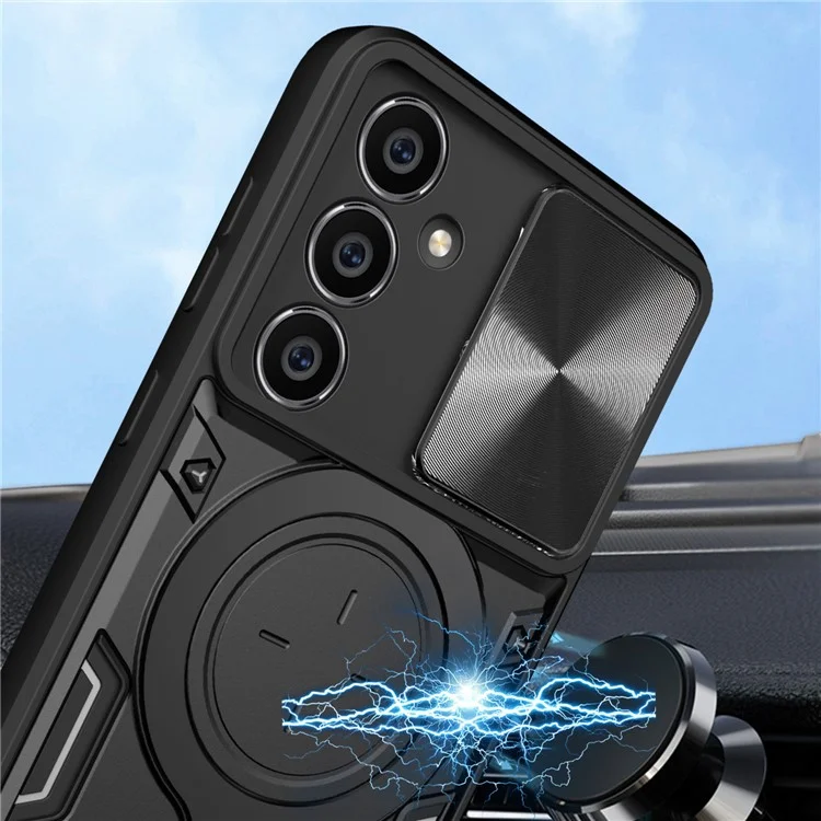 Für Samsung Galaxy S23 FE Slide Lens Guard Kickstand Cover PC+TPU stoßfeste Handyhülle - Schwarz