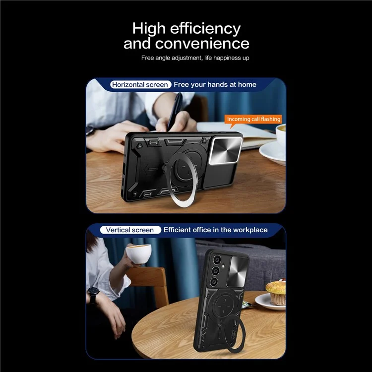 Für Samsung Galaxy S23 FE Slide Lens Guard Kickstand Cover PC+TPU stoßfeste Handyhülle - Schwarz