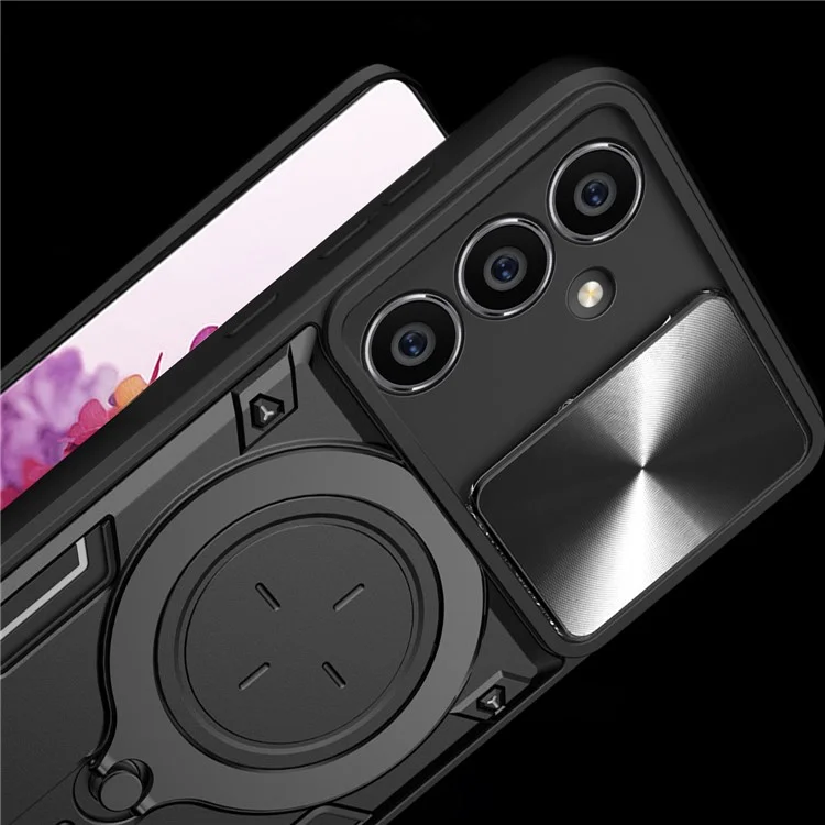 Für Samsung Galaxy S23 FE Slide Lens Guard Kickstand Cover PC+TPU stoßfeste Handyhülle - Schwarz