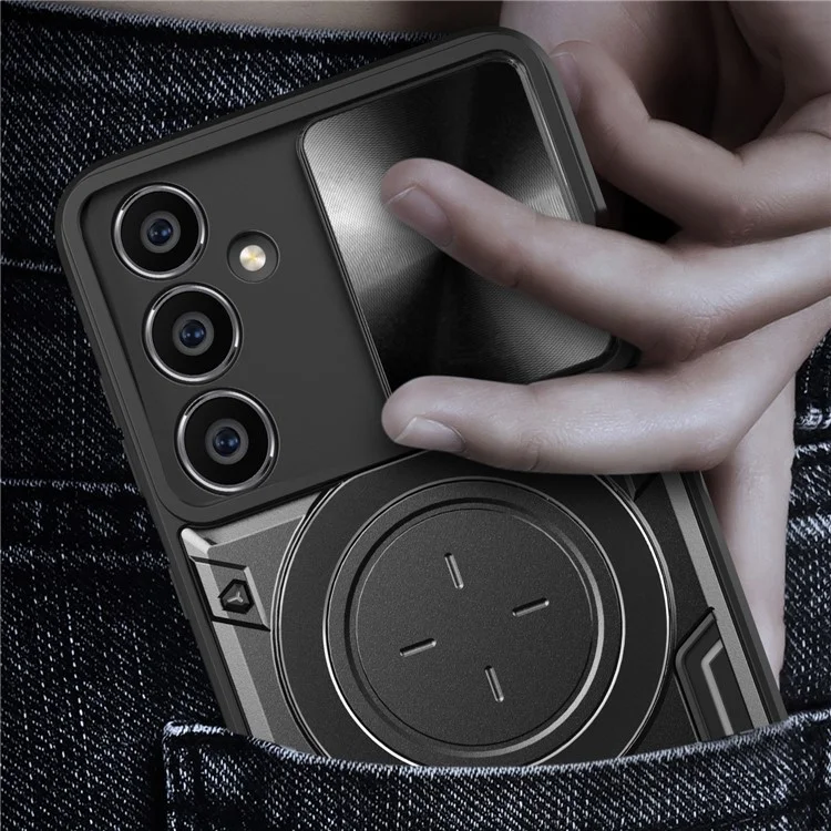 Für Samsung Galaxy S23 FE Slide Lens Guard Kickstand Cover PC+TPU stoßfeste Handyhülle - Schwarz