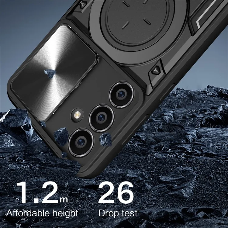 Für Samsung Galaxy S23 FE Slide Lens Guard Kickstand Cover PC+TPU stoßfeste Handyhülle - Schwarz