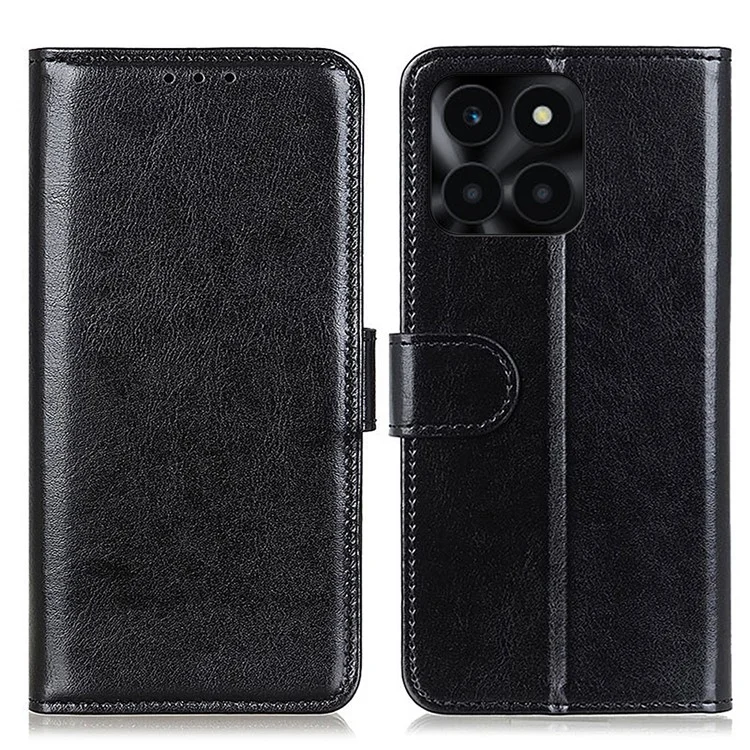 For Honor X6a 4G Slim-fit PU Leather Phone Case Crazy Horse Texture Wallet Stand Cover - Black