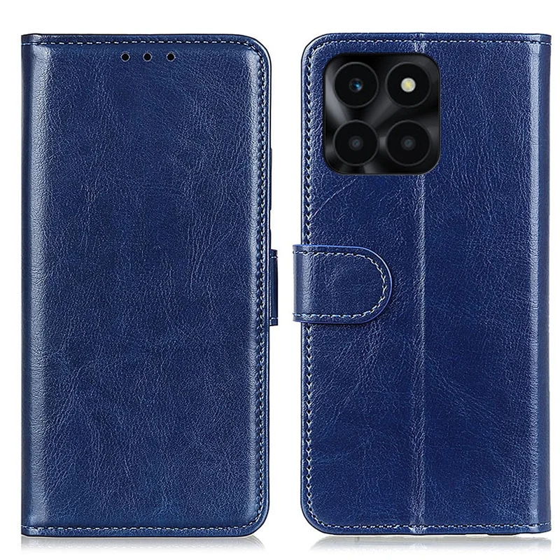 For Honor X6a 4G Slim-fit PU Leather Phone Case Crazy Horse Texture Wallet Stand Cover - Blue