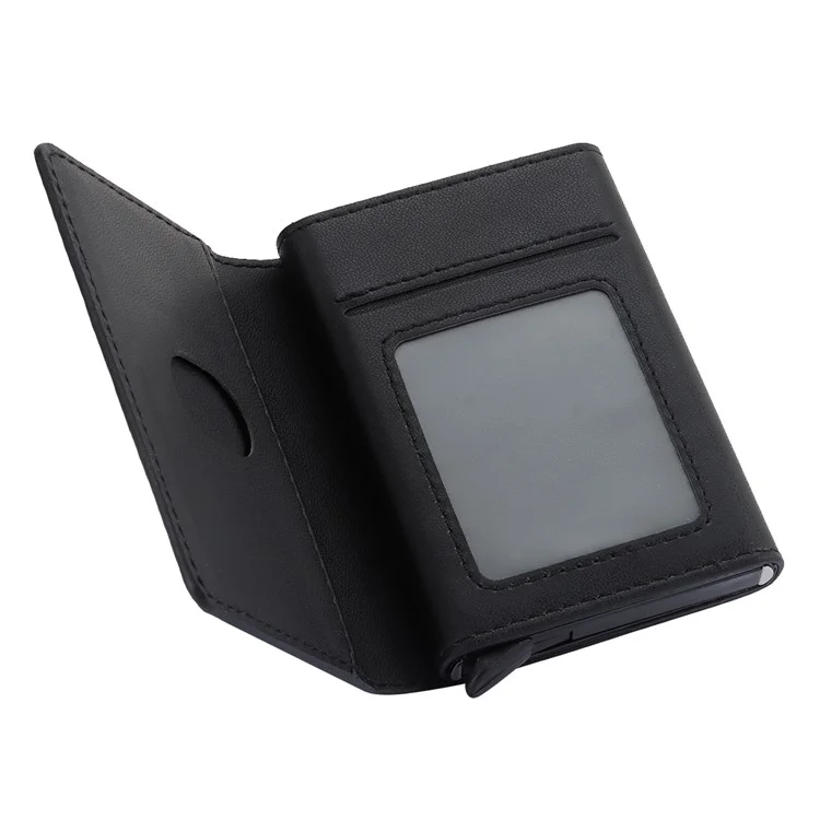 RFID Blocking Automatic Pop Up Card Case PU Leather + Metal Credit Card Holder Purse Wallet - Black