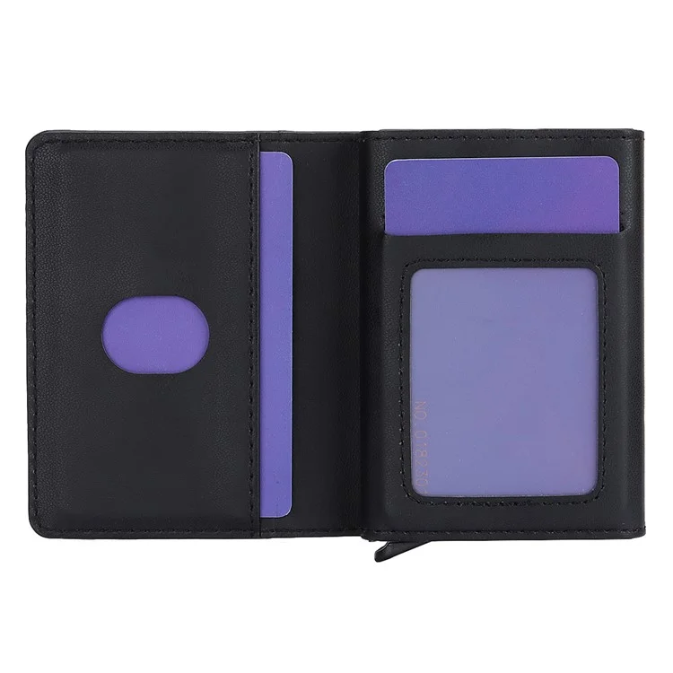 RFID Blocking Automatic Pop Up Card Case PU Leather + Metal Credit Card Holder Purse Wallet - Black