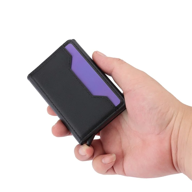 RFID Blocking Automatic Pop Up Card Case PU Leather + Metal Credit Card Holder Purse Wallet - Black