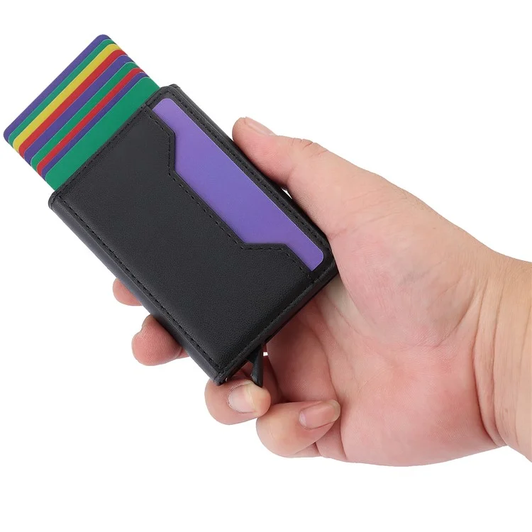 RFID Blocking Automatic Pop Up Card Case PU Leather + Metal Credit Card Holder Purse Wallet - Black