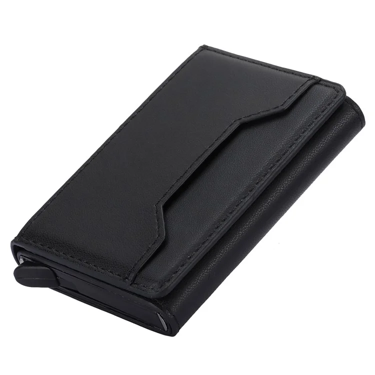 RFID Blocking Automatic Pop Up Card Case PU Leather + Metal Credit Card Holder Purse Wallet - Black