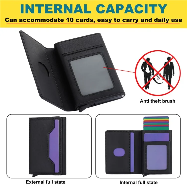 RFID Blocking Automatic Pop Up Card Case PU Leather + Metal Credit Card Holder Purse Wallet - Black