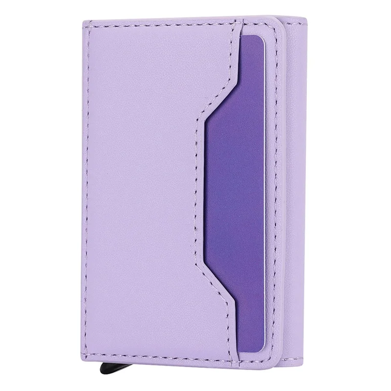 RFID Blocking Automatic Pop Up Card Case PU Leather + Metal Credit Card Holder Purse Wallet - Purple
